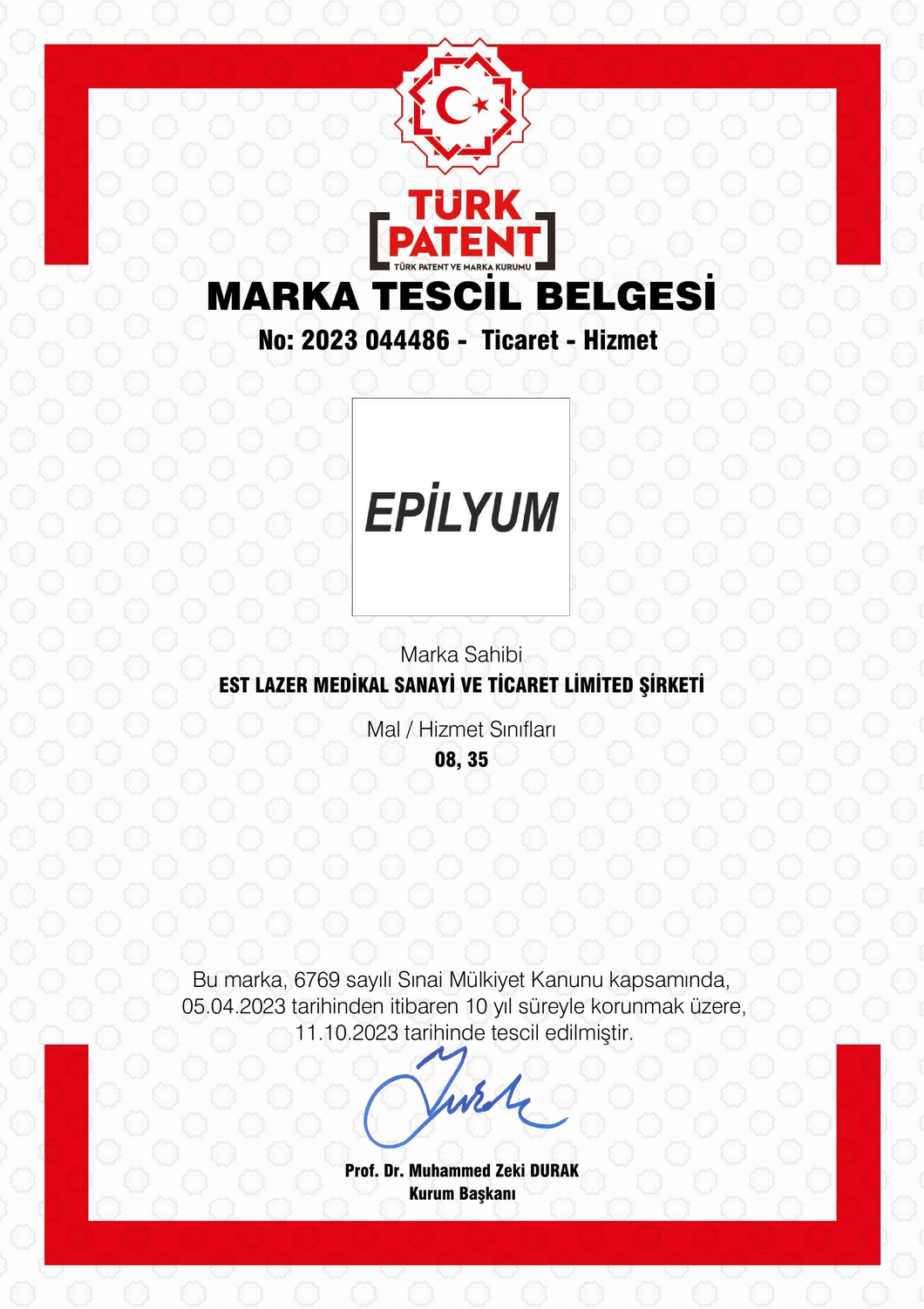 Epilyum TÜRKPATENT Marka Tescil Belgesi